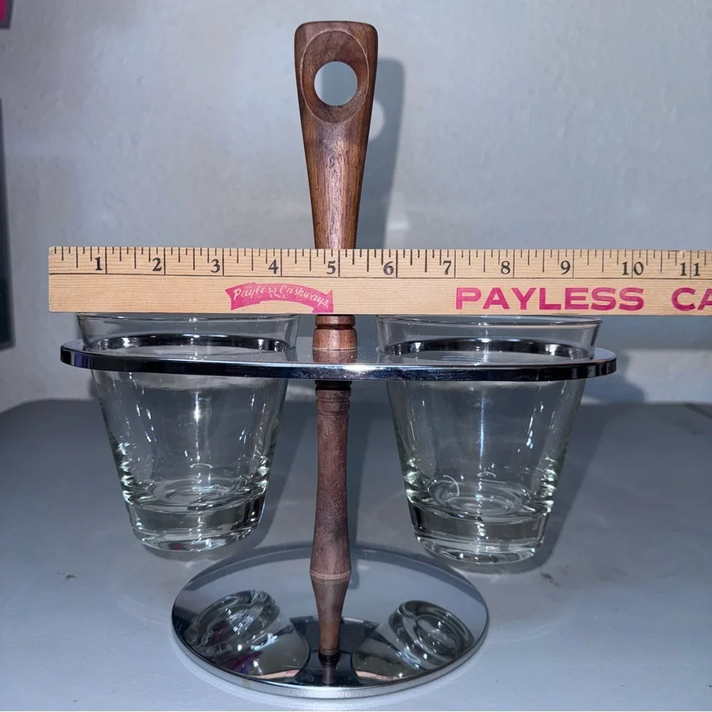 Vintage Mid-Century Chrome Walnut Condiment Caddy: Dual Glass Serving Cups
